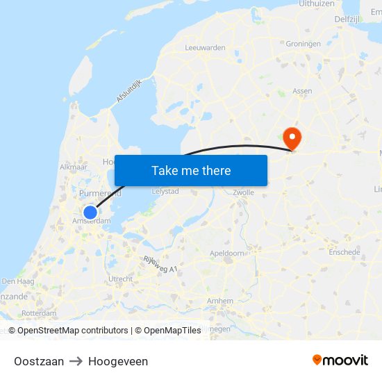 Oostzaan to Hoogeveen map