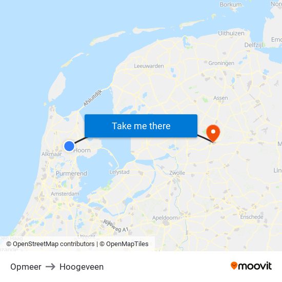 Opmeer to Hoogeveen map