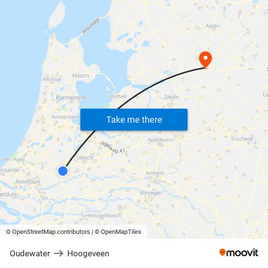 Oudewater to Hoogeveen map