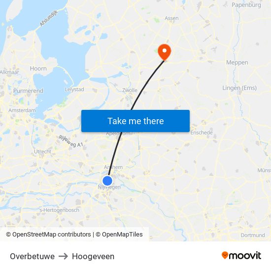Overbetuwe to Hoogeveen map