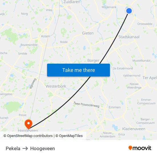 Pekela to Hoogeveen map