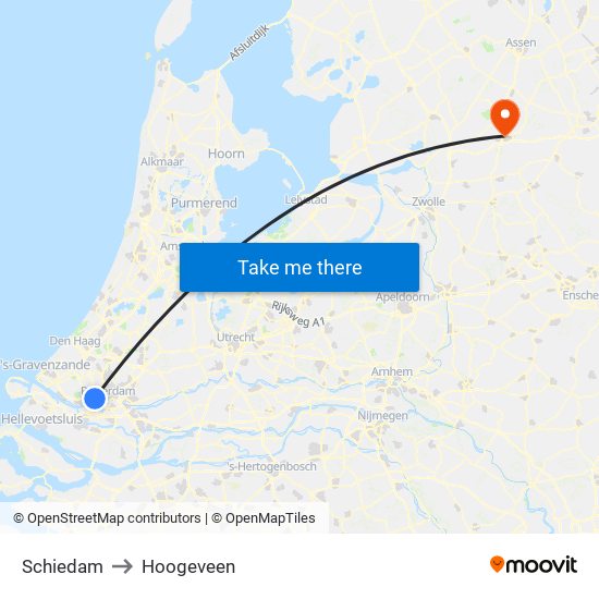 Schiedam to Hoogeveen map