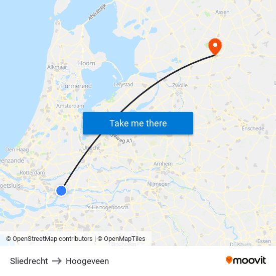 Sliedrecht to Hoogeveen map