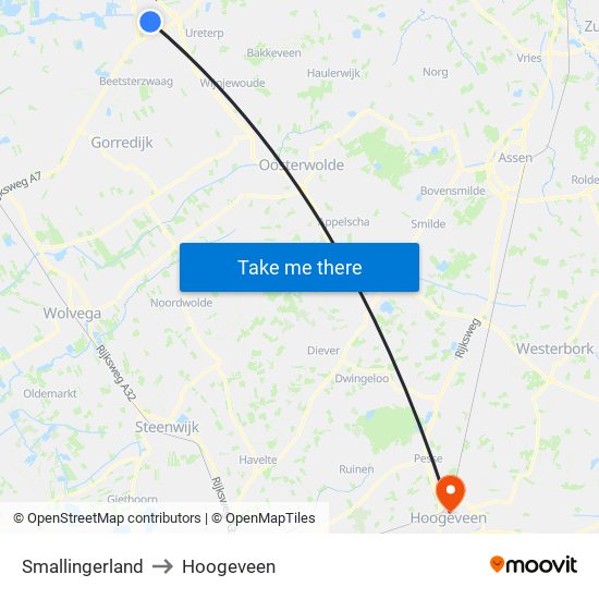 Smallingerland to Hoogeveen map