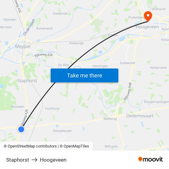 Staphorst to Hoogeveen map