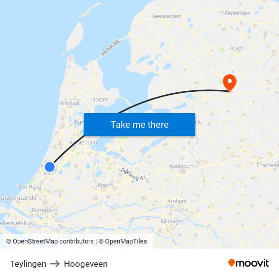 Teylingen to Hoogeveen map