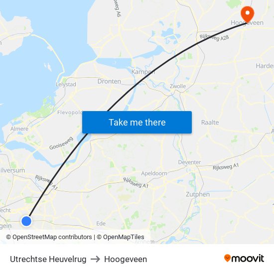 Utrechtse Heuvelrug to Hoogeveen map
