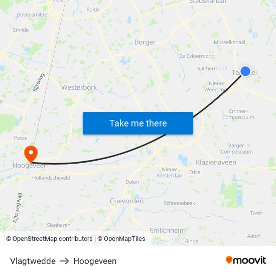 Vlagtwedde to Hoogeveen map