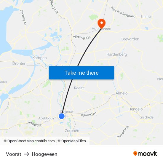 Voorst to Hoogeveen map