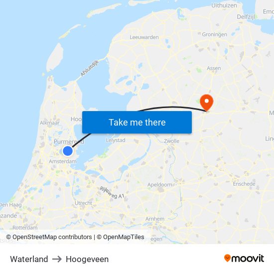 Waterland to Hoogeveen map