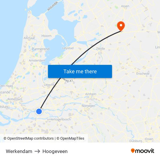 Werkendam to Hoogeveen map