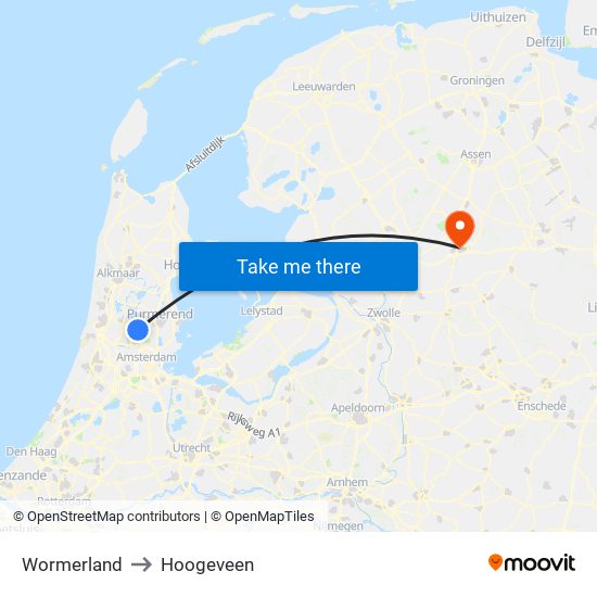 Wormerland to Hoogeveen map