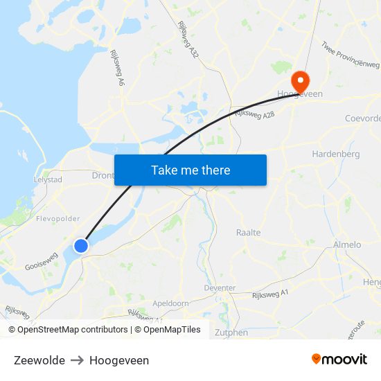 Zeewolde to Hoogeveen map