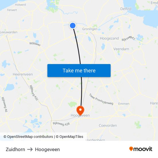 Zuidhorn to Hoogeveen map