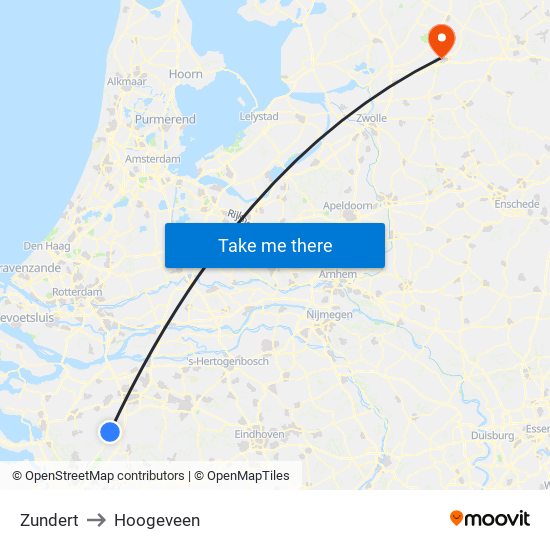 Zundert to Hoogeveen map