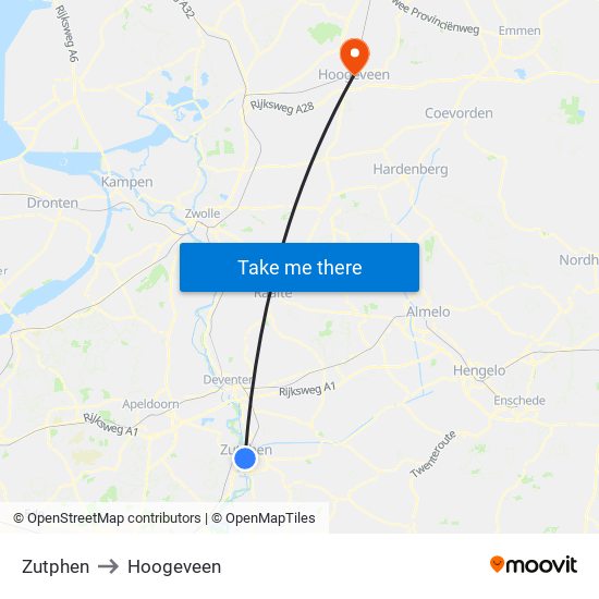 Zutphen to Hoogeveen map