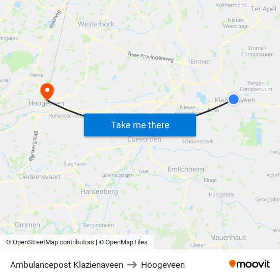 Ambulancepost Klazienaveen to Hoogeveen map