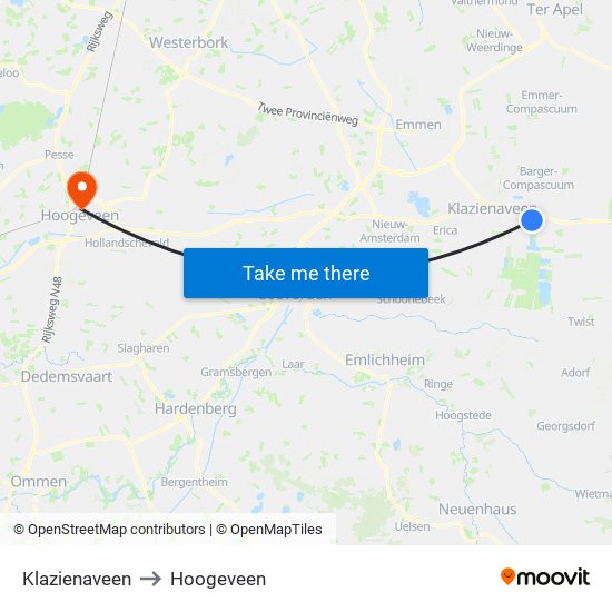 Klazienaveen to Hoogeveen map