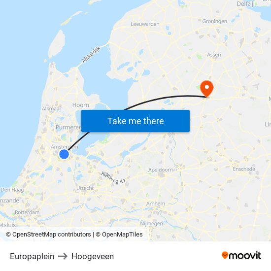 Europaplein to Hoogeveen map