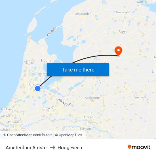 Amsterdam Amstel to Hoogeveen map