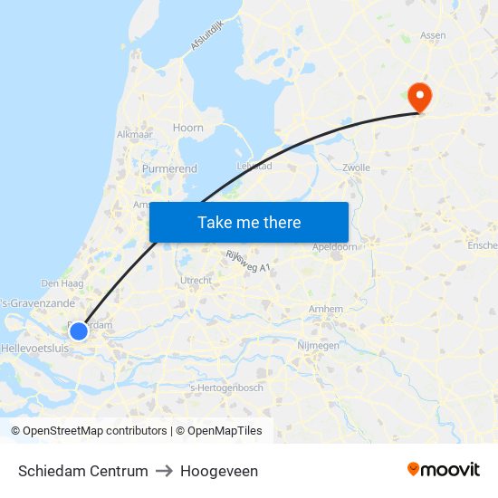 Schiedam Centrum to Hoogeveen map