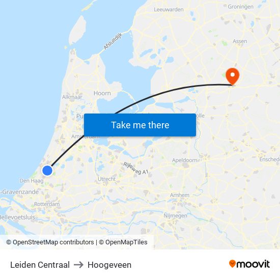 Leiden Centraal to Hoogeveen map