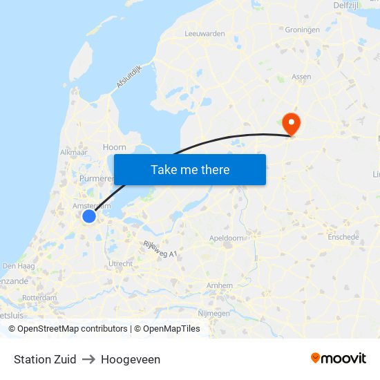 Station Zuid to Hoogeveen map