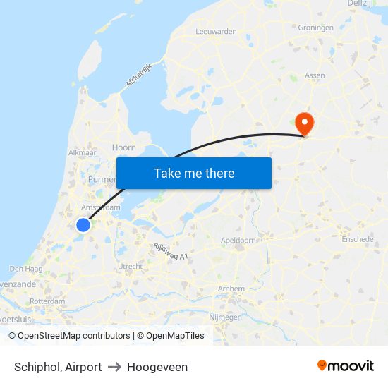 Schiphol, Airport to Hoogeveen map