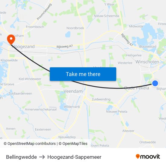 Bellingwedde to Hoogezand-Sappemeer map