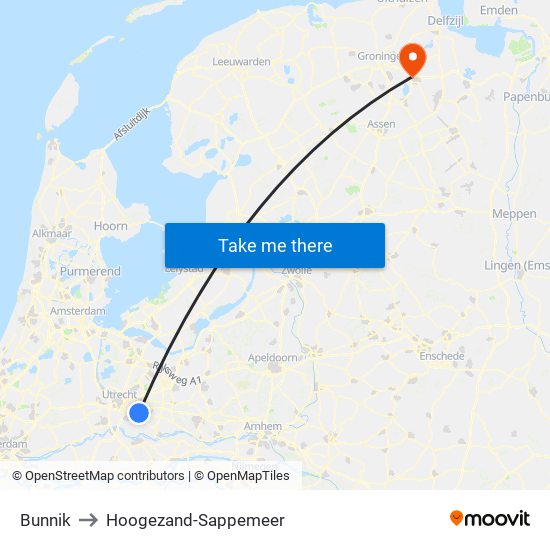 Bunnik to Hoogezand-Sappemeer map