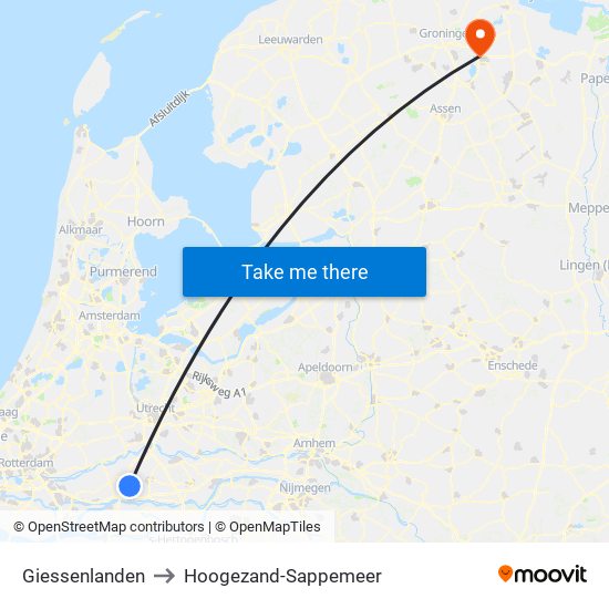 Giessenlanden to Hoogezand-Sappemeer map