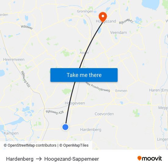 Hardenberg to Hoogezand-Sappemeer map