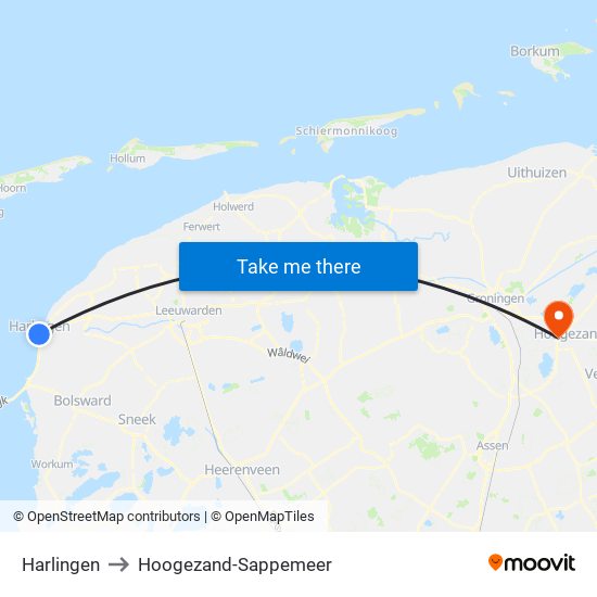 Harlingen to Hoogezand-Sappemeer map