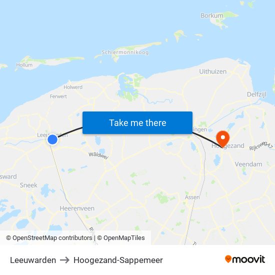 Leeuwarden to Hoogezand-Sappemeer map