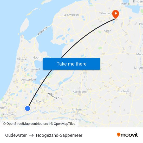 Oudewater to Hoogezand-Sappemeer map