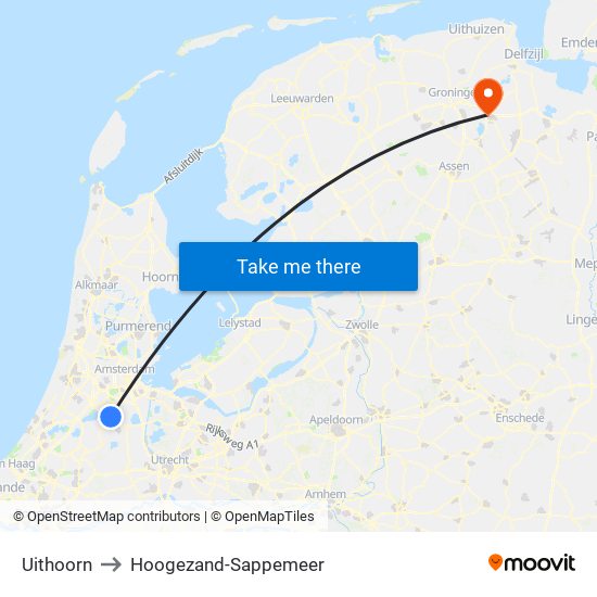 Uithoorn to Hoogezand-Sappemeer map