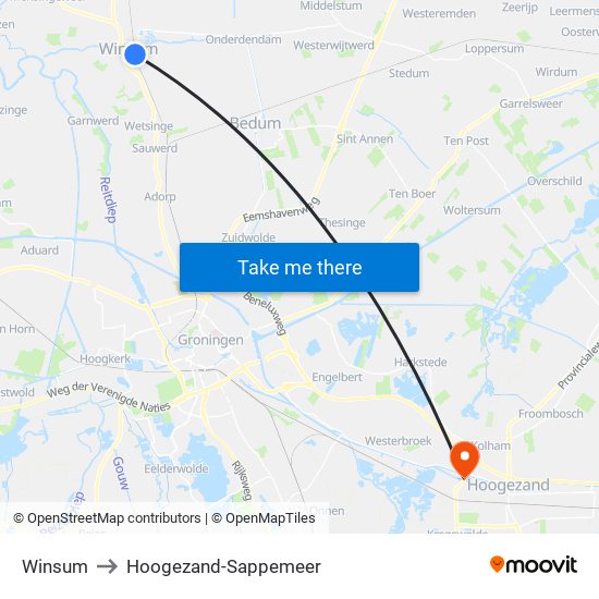 Winsum to Hoogezand-Sappemeer map