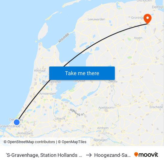 'S-Gravenhage, Station Hollands Spoor (Perron A) to Hoogezand-Sappemeer map