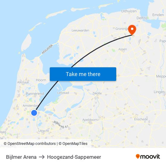 Bijlmer Arena to Hoogezand-Sappemeer map