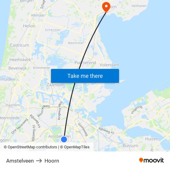 Amstelveen to Hoorn map