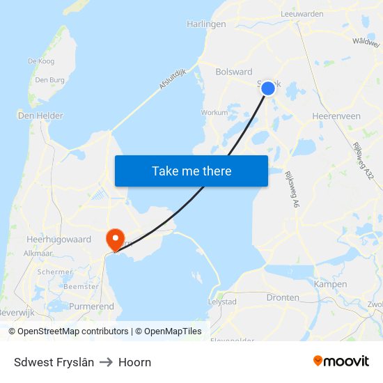 Sdwest Fryslân to Hoorn map