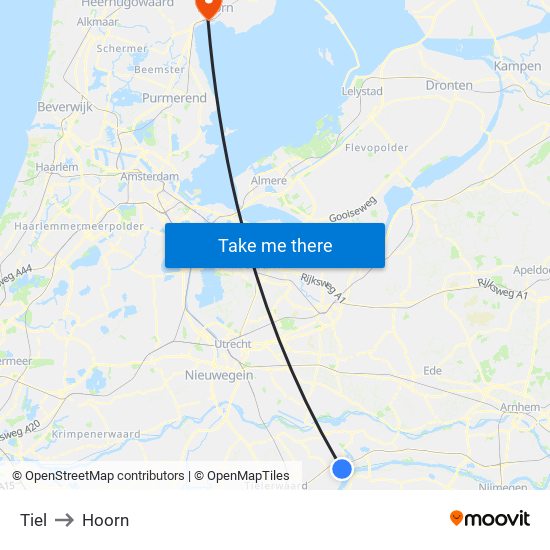 Tiel to Hoorn map