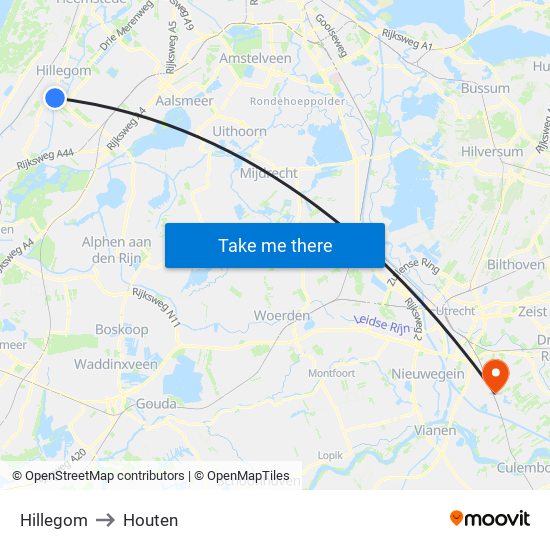 Hillegom to Houten map