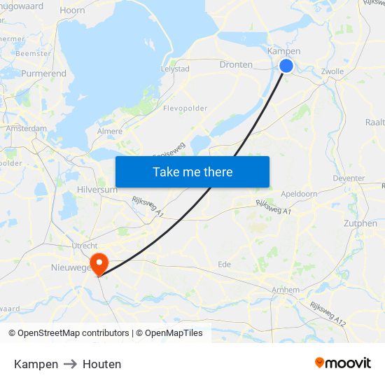 Kampen to Houten map