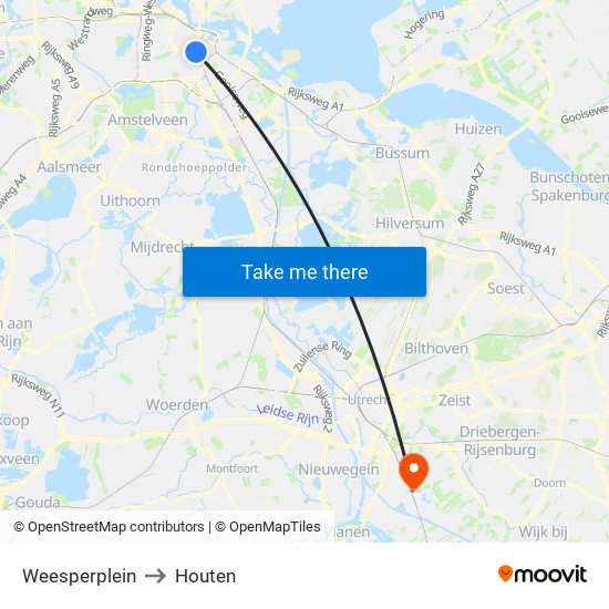 Weesperplein to Houten map