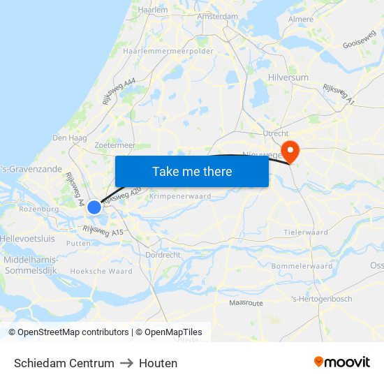 Schiedam Centrum to Houten map