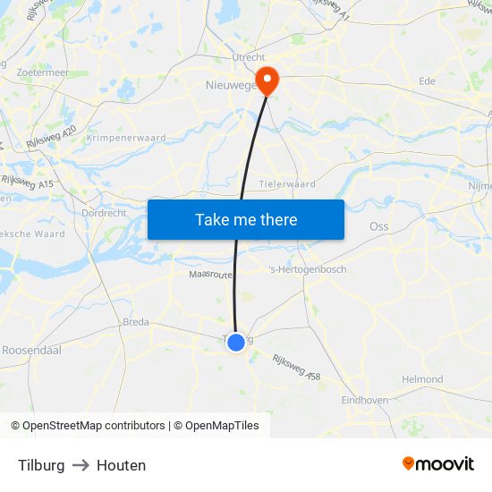 Tilburg to Houten map