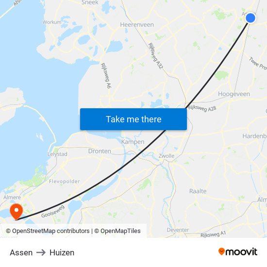 Assen to Huizen map
