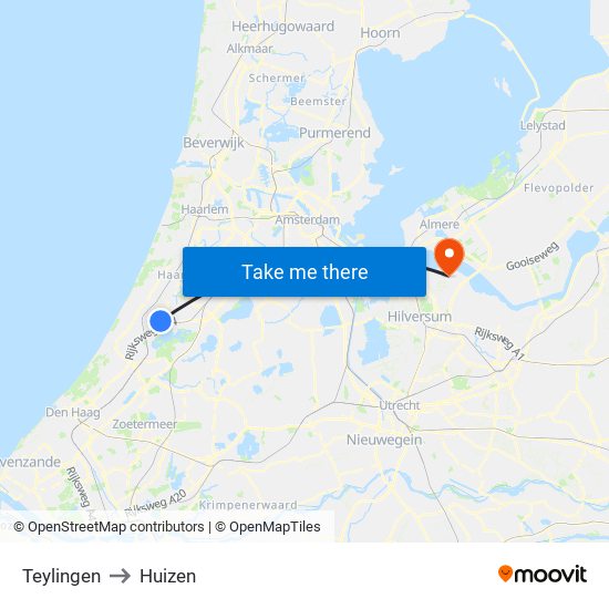 Teylingen to Huizen map