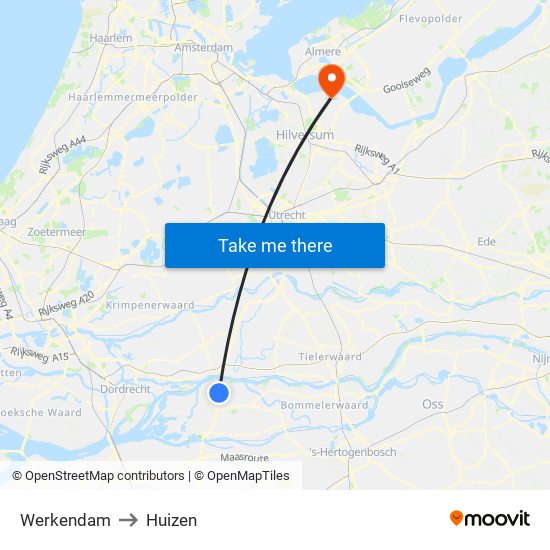 Werkendam to Huizen map